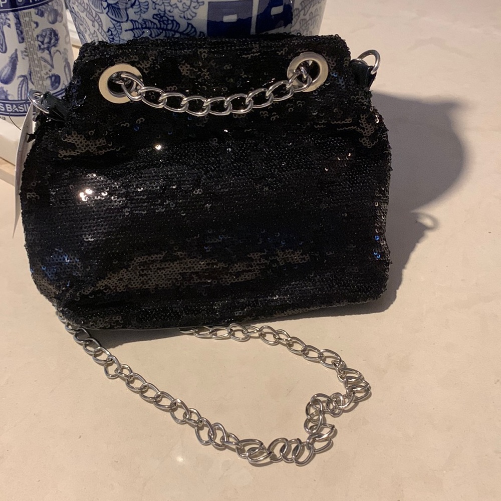 Black Sequin Coco Chain Bling Bucket Bag Purse Clutch Crossbody 🖤 Celeb Fav